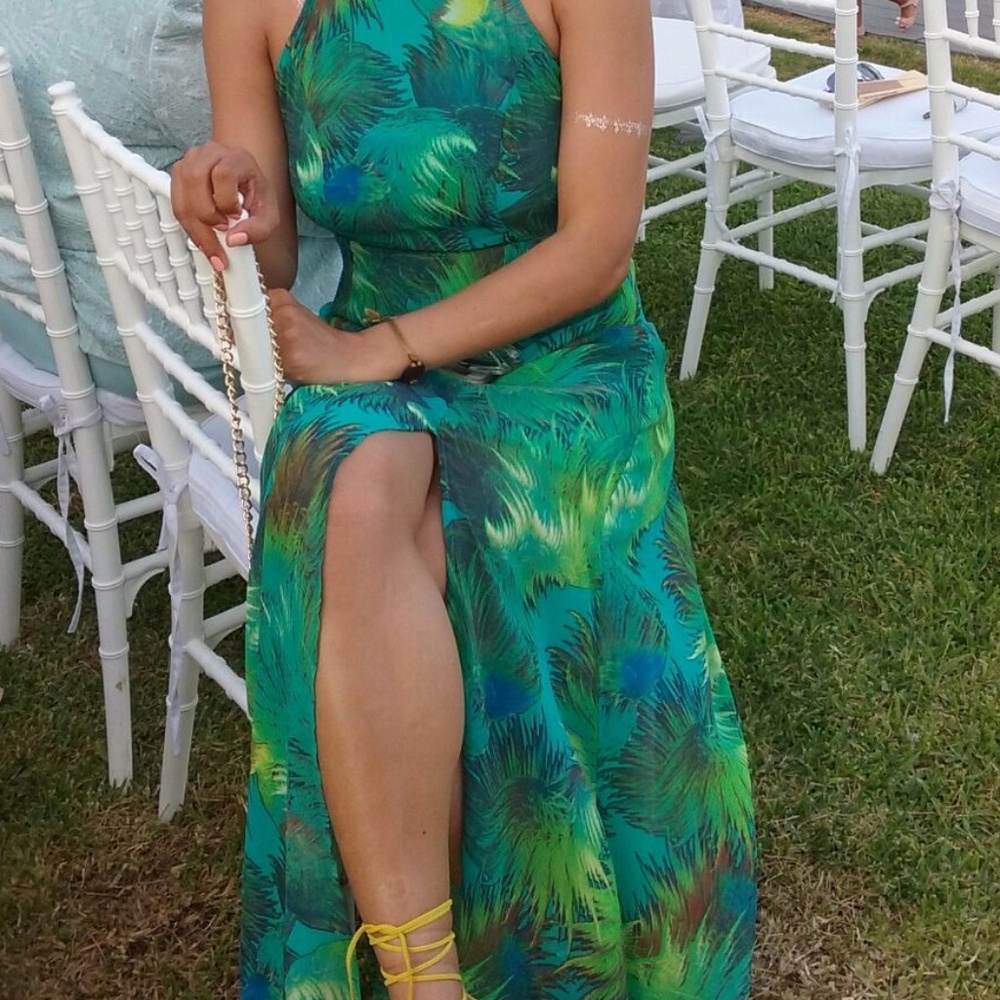 LUXXEL Elegant Sexy tropical Green Maxi Dress Medium